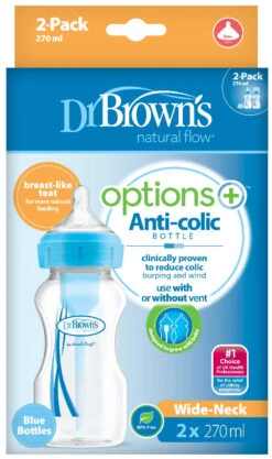 Dr. Brown's Dr Brown's Options+ Anti-colic 270 Ml Blauw 2-pack Brede Hals Fles WB92602-GBX + -Baby Thuis Verkoop dr browns options anti colic 270 ml blauw 2 pack brede hals fles wb92602 gbx 1
